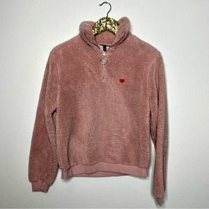 Topshop Embroidered Heart Pink Teddy Sherpa Plush 1/4 Zip Pullover 10